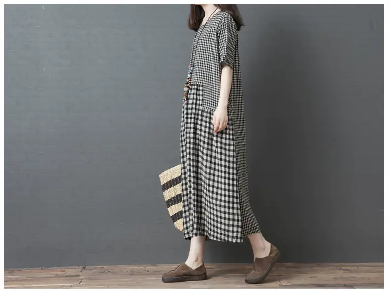 Women's Black White Checkered Long Dress Large — feature 9