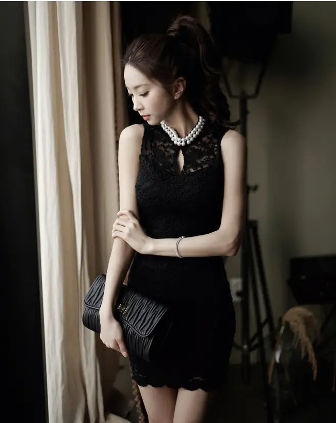 Black Lace Sleeveless Hip Dress for Women - Image 3