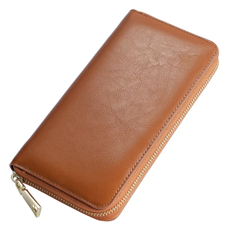 Cross-border spot new oil wax grain cowhide ladies zipper wallet long genuine leather large capacity handbag Long Fortune cloth