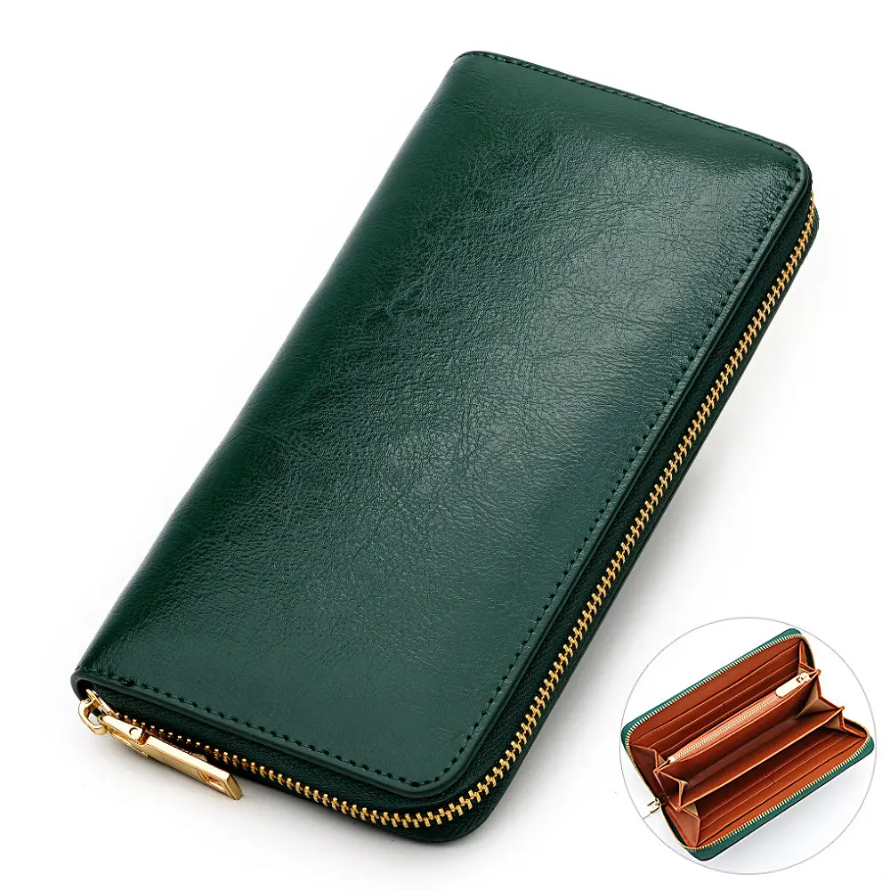 Cross-border spot new oil wax grain cowhide ladies zipper wallet long genuine leather large capacity handbag Long Fortune cloth