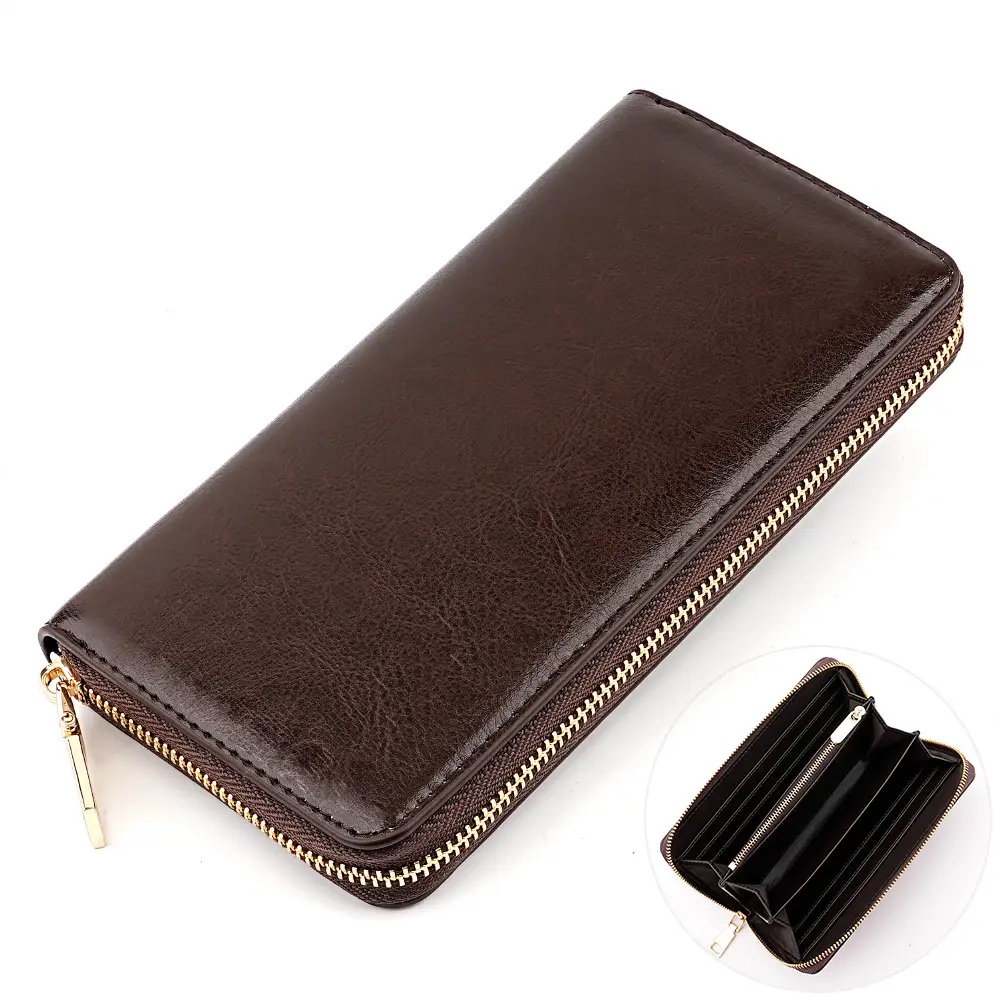 Cross-border spot new oil wax grain cowhide ladies zipper wallet long genuine leather large capacity handbag Long Fortune cloth