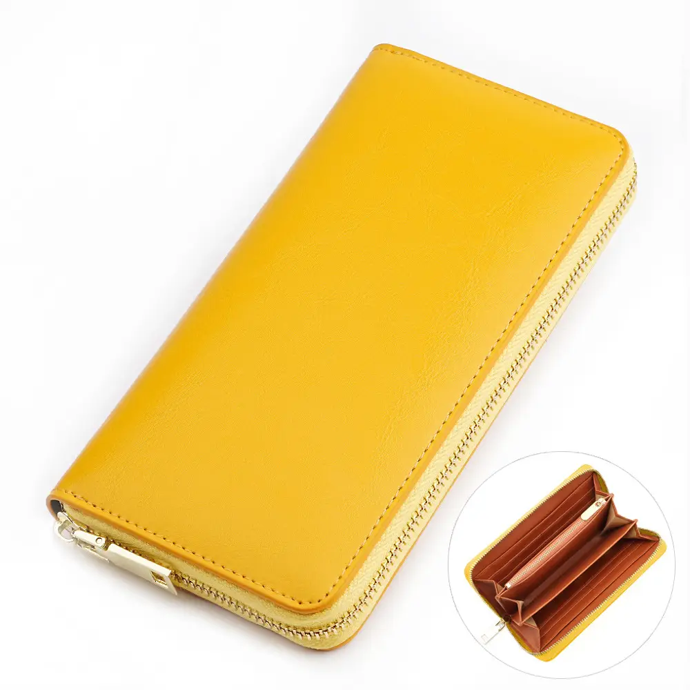 Cross-border spot new oil wax grain cowhide ladies zipper wallet long genuine leather large capacity handbag Long Fortune cloth