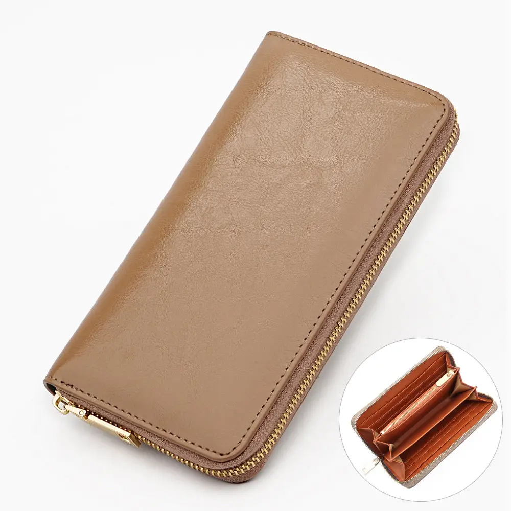 Cross-border spot new oil wax grain cowhide ladies zipper wallet long genuine leather large capacity handbag Long Fortune cloth