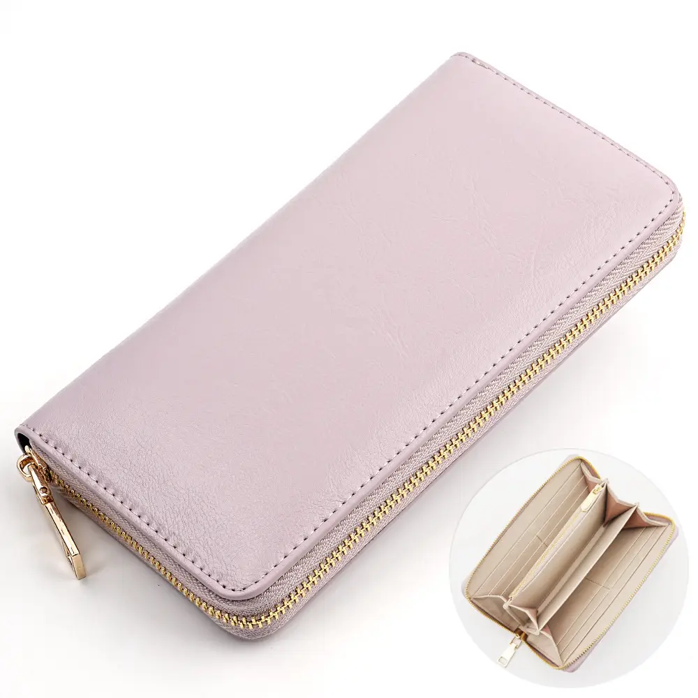 Cross-border spot new oil wax grain cowhide ladies zipper wallet long genuine leather large capacity handbag Long Fortune cloth