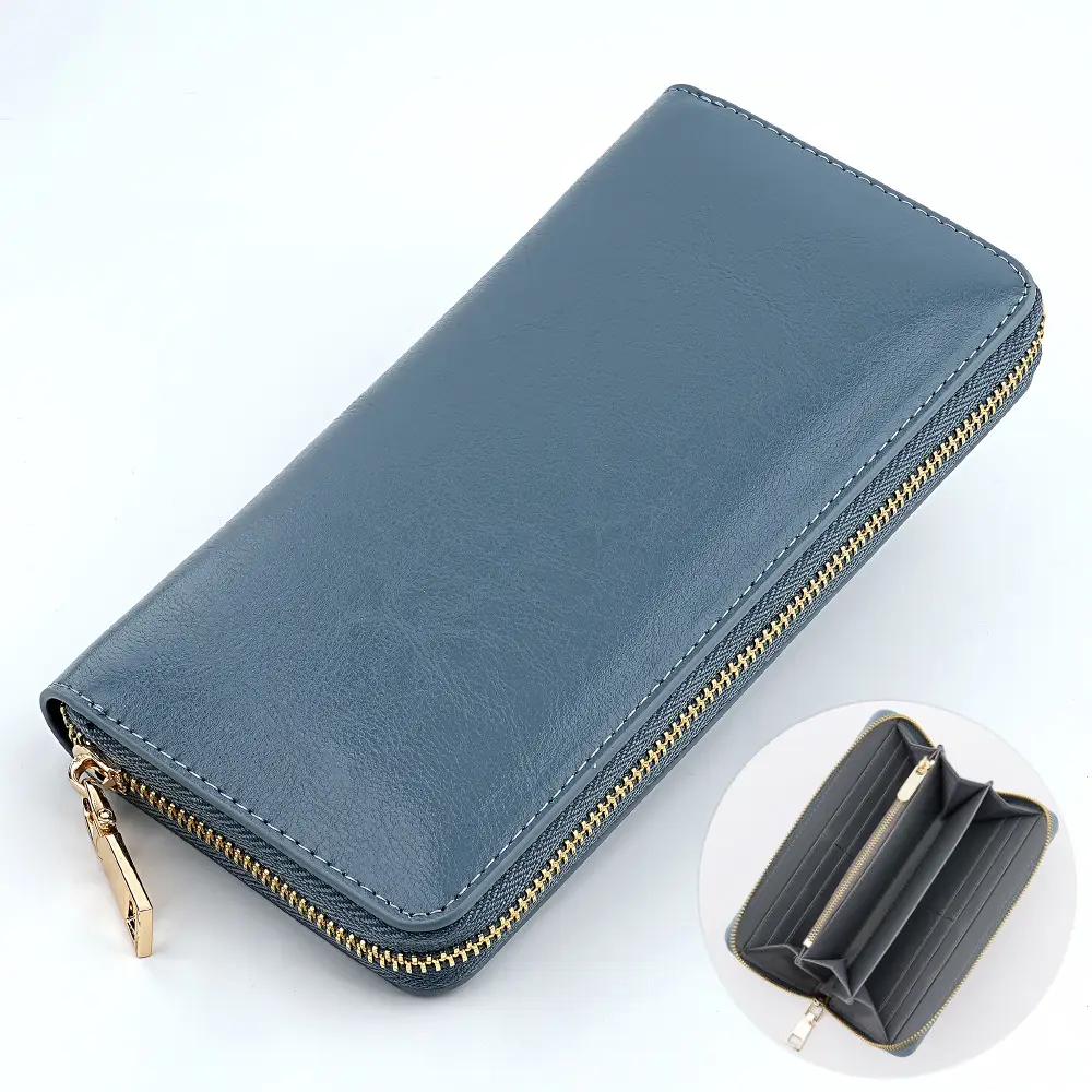 Cross-border spot new oil wax grain cowhide ladies zipper wallet long genuine leather large capacity handbag Long Fortune cloth