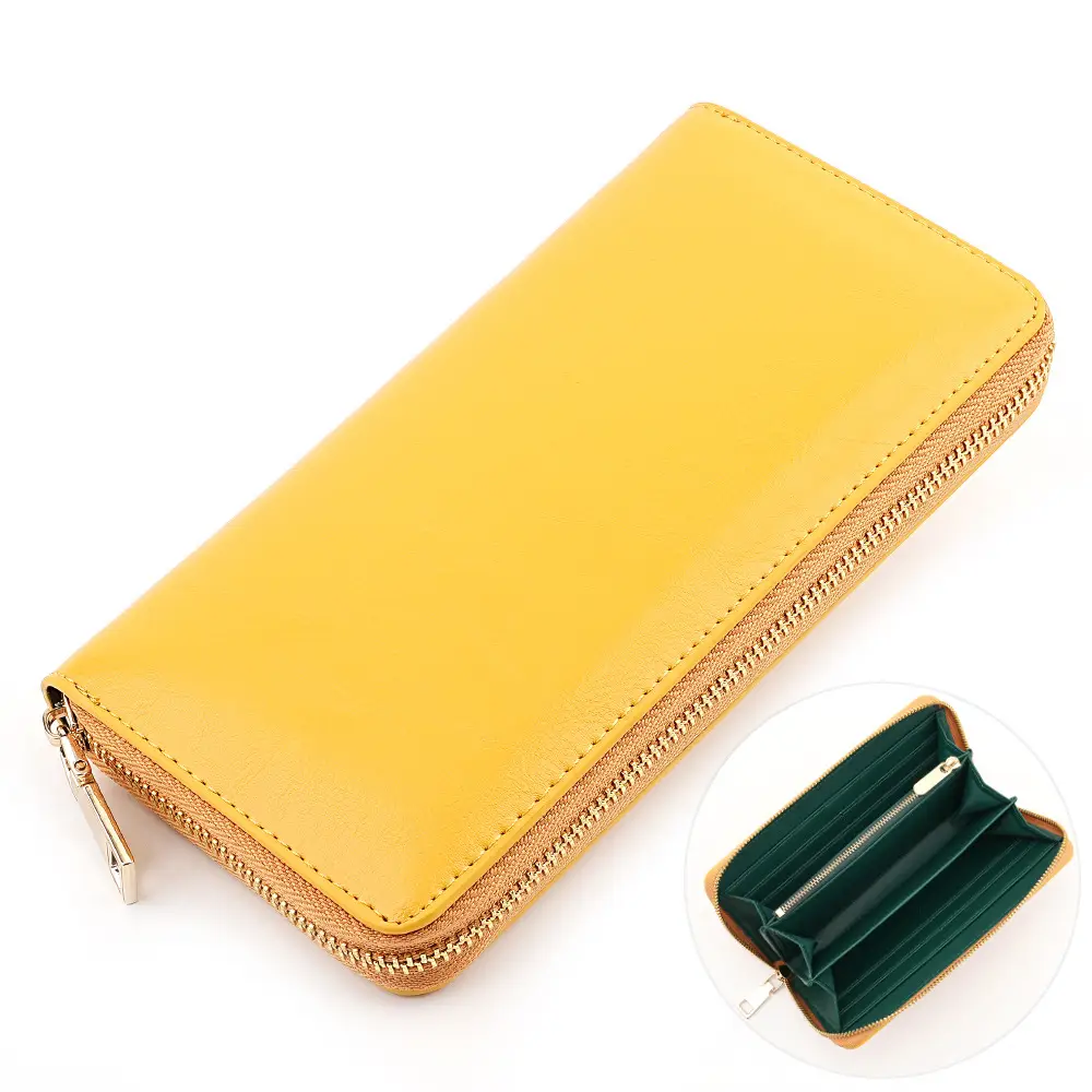 Cross-border spot new oil wax grain cowhide ladies zipper wallet long genuine leather large capacity handbag Long Fortune cloth