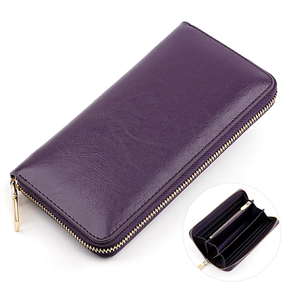 Cross-border spot new oil wax grain cowhide ladies zipper wallet long genuine leather large capacity handbag Long Fortune cloth