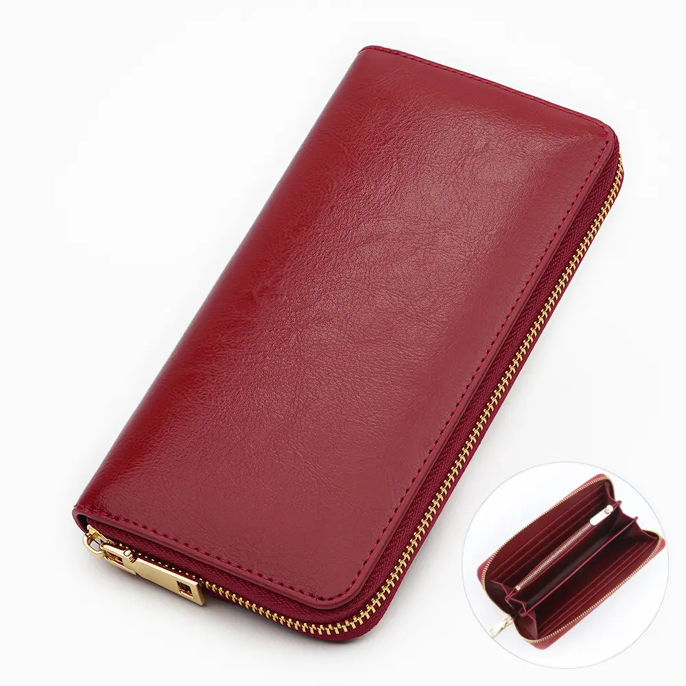 Cross-border spot new oil wax grain cowhide ladies zipper wallet long genuine leather large capacity handbag Long Fortune cloth