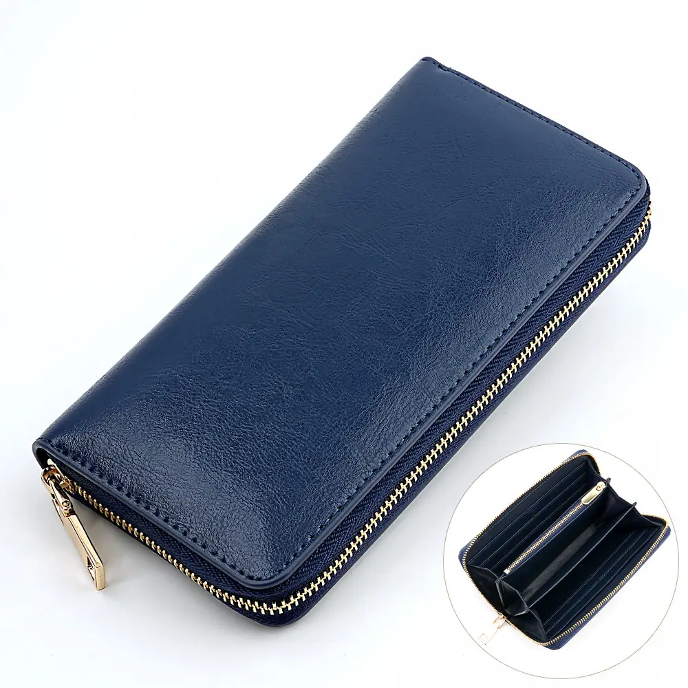 Cross-border spot new oil wax grain cowhide ladies zipper wallet long genuine leather large capacity handbag Long Fortune cloth