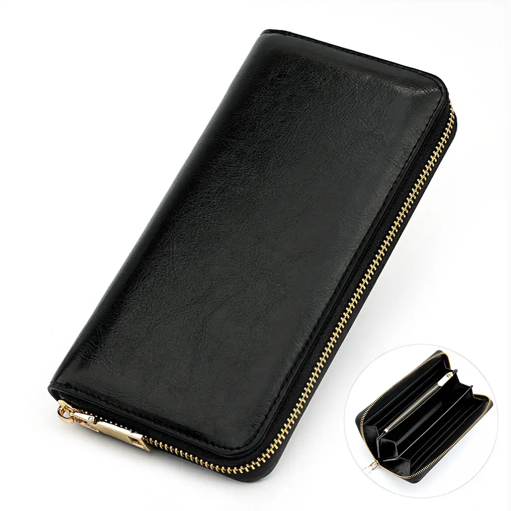Cross-border spot new oil wax grain cowhide ladies zipper wallet long genuine leather large capacity handbag Long Fortune cloth