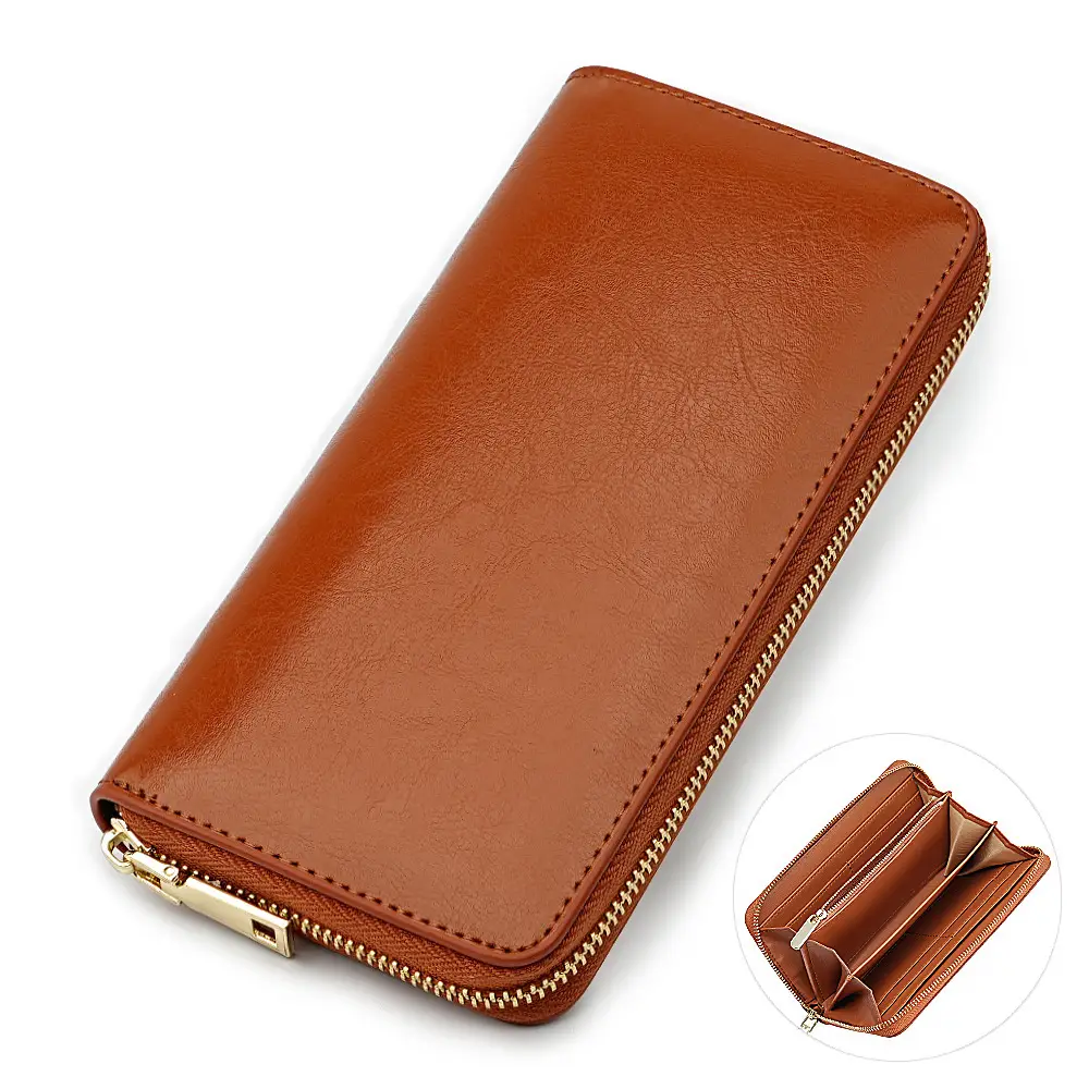 Cross-border spot new oil wax grain cowhide ladies zipper wallet long genuine leather large capacity handbag Long Fortune cloth