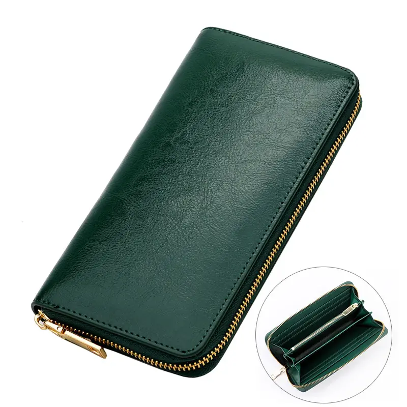 Cross-border spot new oil wax grain cowhide ladies zipper wallet long genuine leather large capacity handbag Long Fortune cloth
