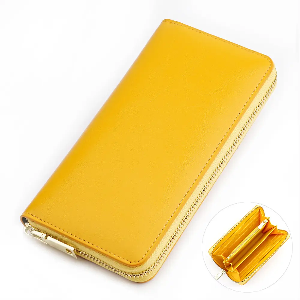 Cross-border spot new oil wax grain cowhide ladies zipper wallet long genuine leather large capacity handbag Long Fortune cloth