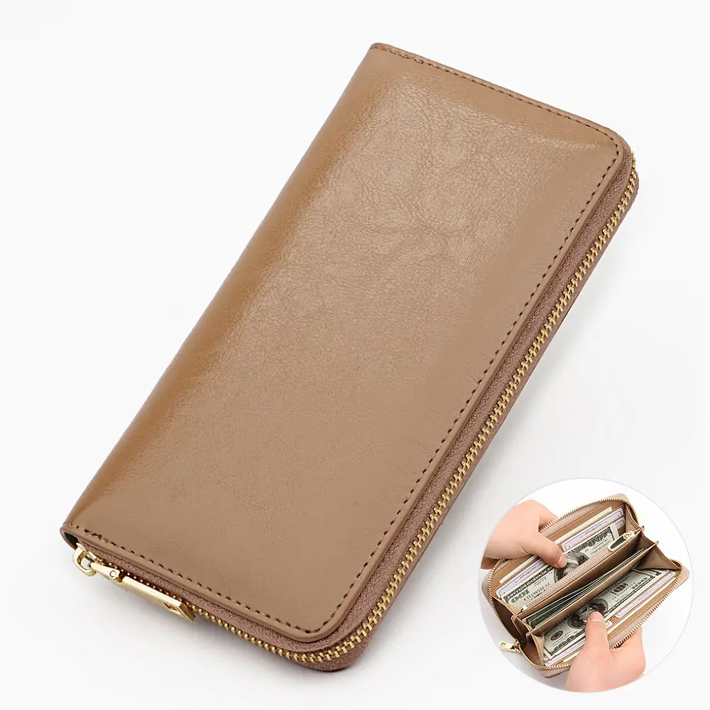 Cross-border spot new oil wax grain cowhide ladies zipper wallet long genuine leather large capacity handbag Long Fortune cloth