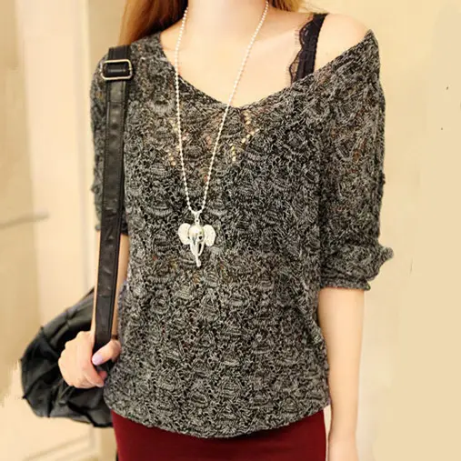 Women's Blue Knitted V-Neck Sweater with Batwing Sleeve - Image 7
