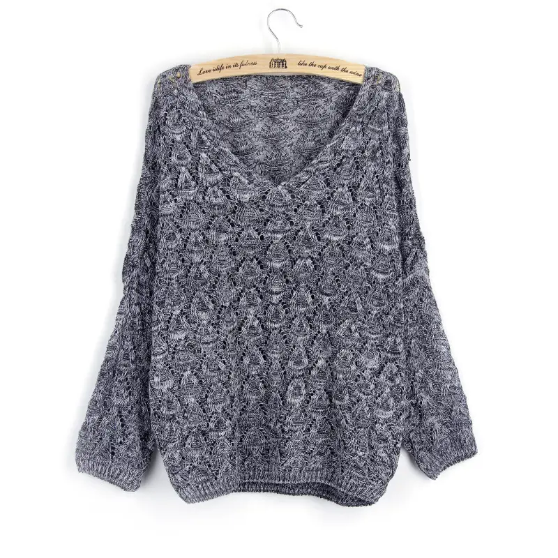 Women's Blue Knitted V-Neck Sweater with Batwing Sleeve - Image 3