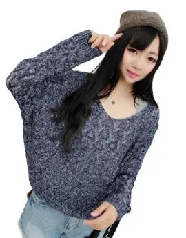 Women's Blue Knitted V-Neck Sweater with Batwing Sleeve - Image 8