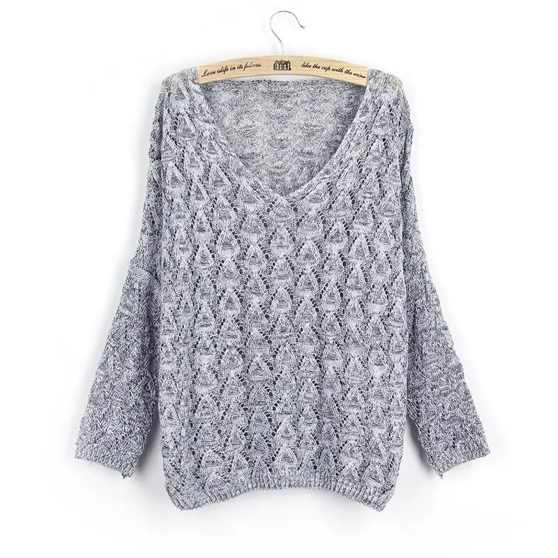 Women's Blue Knitted V-Neck Sweater with Batwing Sleeve - Image 2