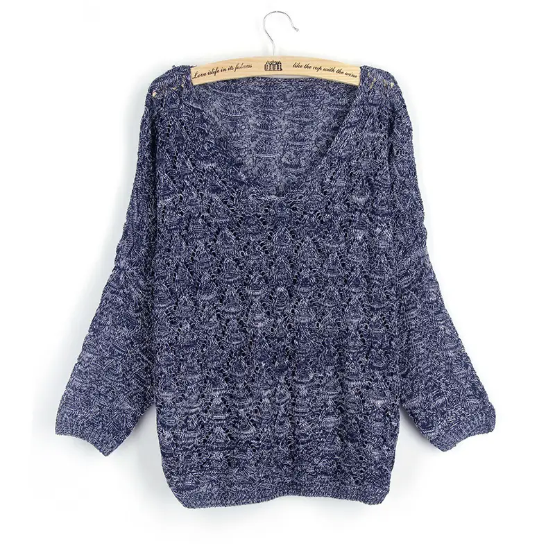 Women's Blue Knitted V-Neck Sweater with Batwing Sleeve - Image 4