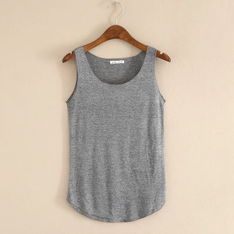 Summer Women's Grey Slub Cotton Vest with Wide Shoulder Strap - Image 15