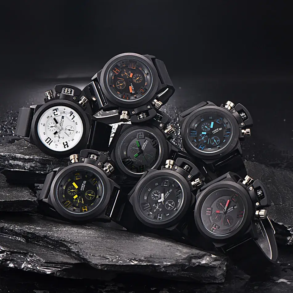 New Men's Black Quartz Watch with Red Dial & Rubber Strap - Image 8