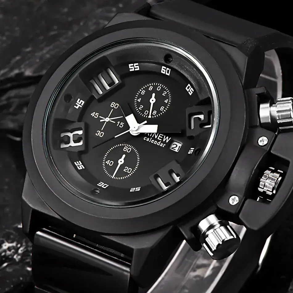 New Men's Black Quartz Watch with Red Dial & Rubber Strap