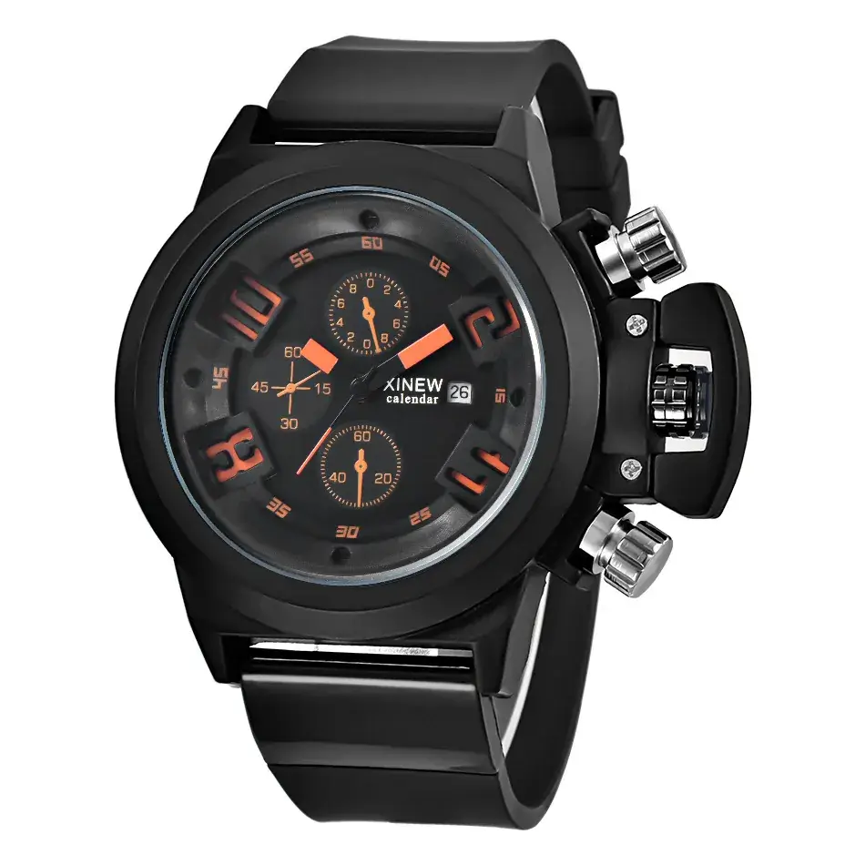 New Men's Black Quartz Watch with Red Dial & Rubber Strap - Image 3