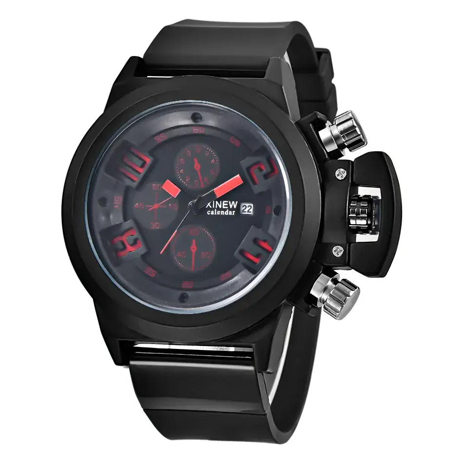 New Men's Black Quartz Watch with Red Dial & Rubber Strap - Image 4