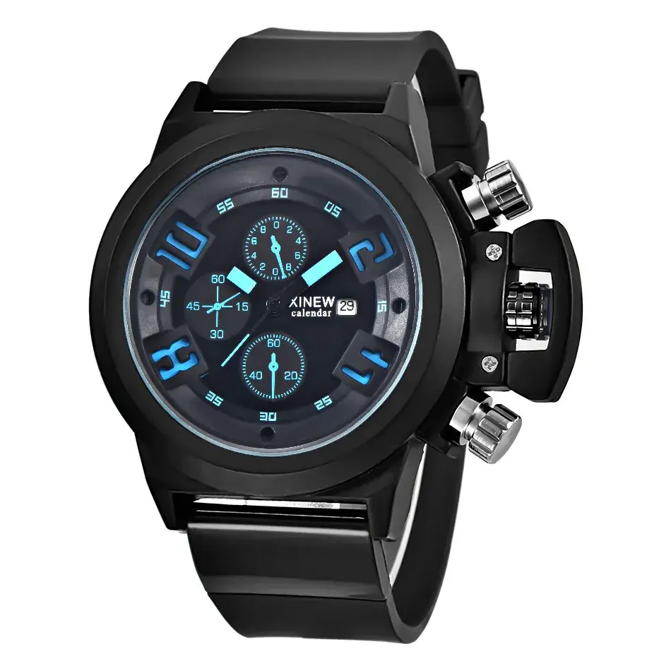 New Men's Black Quartz Watch with Red Dial & Rubber Strap - Image 5