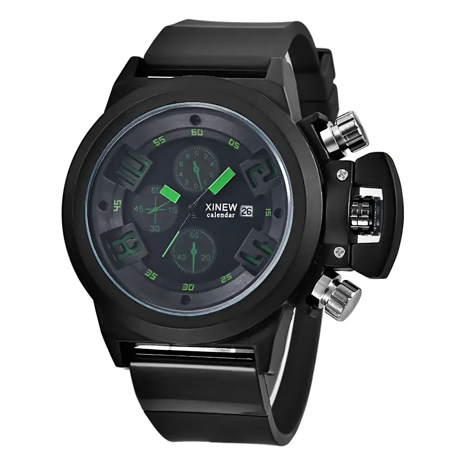 New Men's Black Quartz Watch with Red Dial & Rubber Strap - Image 6
