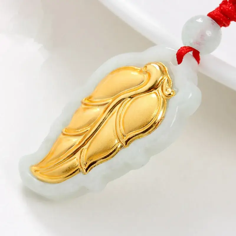 Gold Leaf Jade Pendant 999 Foot Inlay Natural Jade