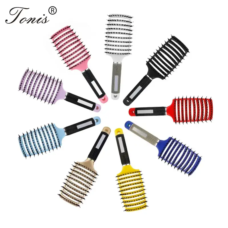Nylon Hair Brush with Curved Bristles Black - Image 2