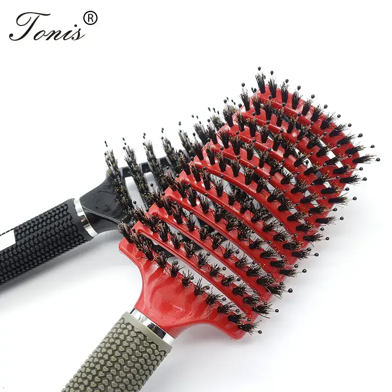 Nylon Hair Brush with Curved Bristles Black - Image 3