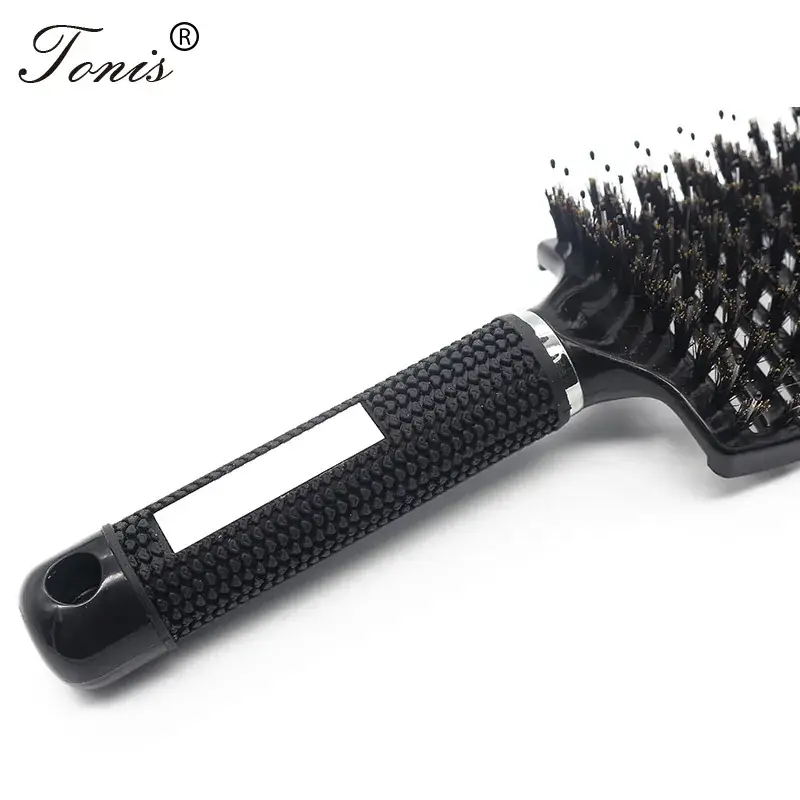 Nylon Hair Brush with Curved Bristles Black - Image 4