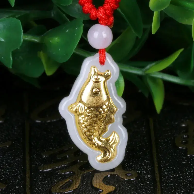 Gold Inlaid Jade Carp Pendant for Men Women