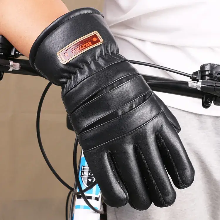 Men's Winter Leather Cycling Gloves Black Thickened Warm - Image 2