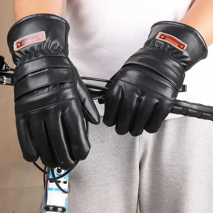 Men's Winter Leather Cycling Gloves Black Thickened Warm - Image 3