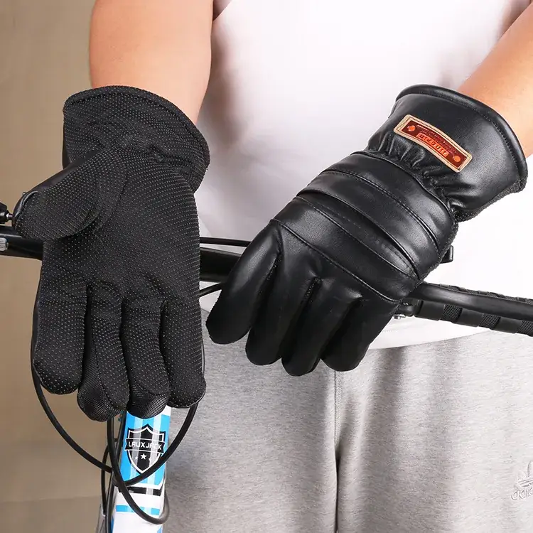 Men's Winter Leather Cycling Gloves Black Thickened Warm - Image 4