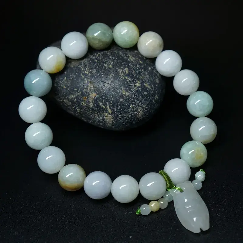 Natural Jade Bracelet with 10mm Beads & Wooden Accents