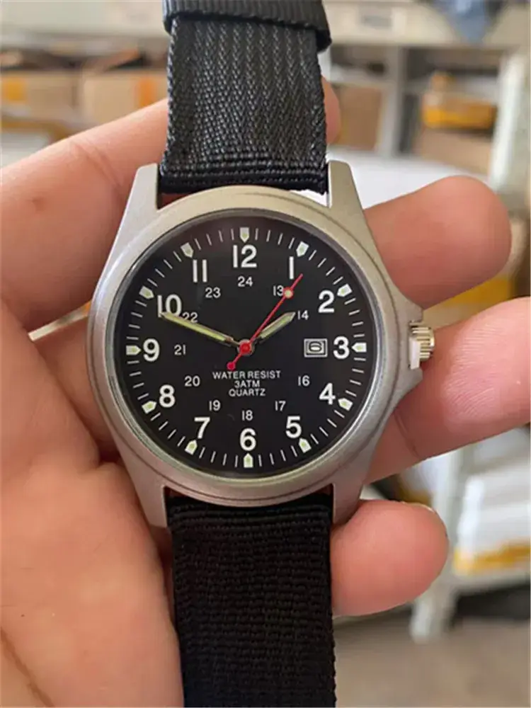Men's Military Style Quartz Watch with Blue Nylon Strap