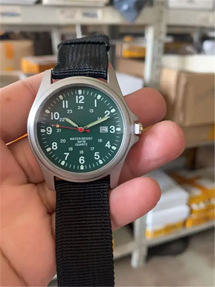 Men's Military Style Quartz Watch with Blue Nylon Strap