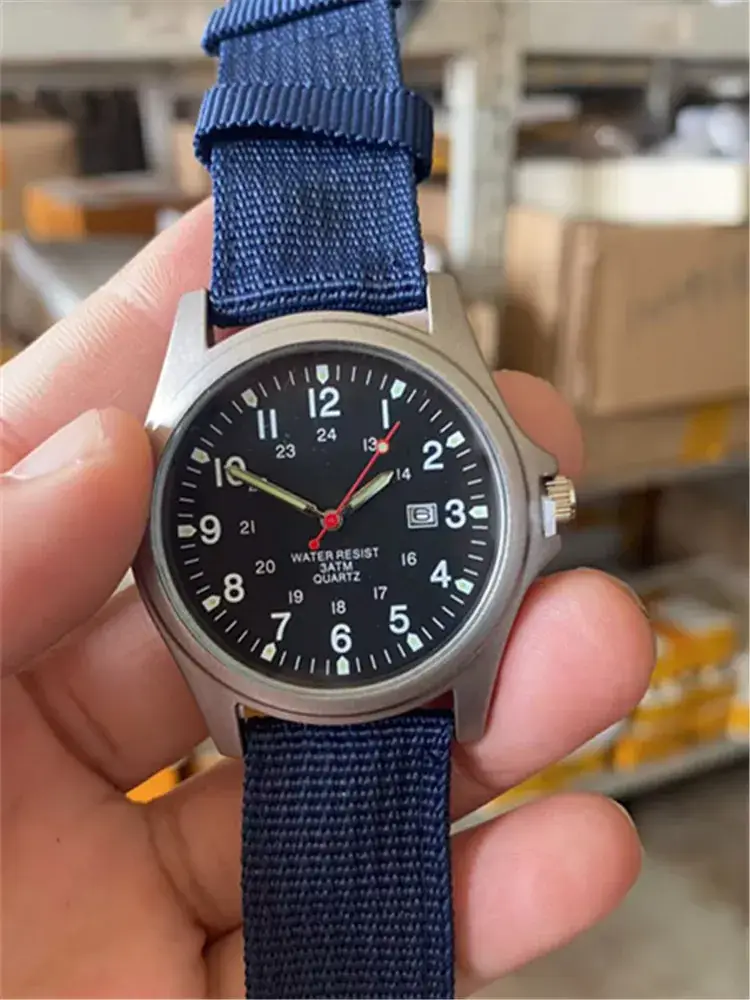 Men's Military Style Quartz Watch with Blue Nylon Strap