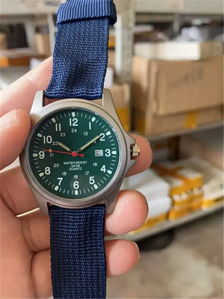 Men's Military Style Quartz Watch with Blue Nylon Strap