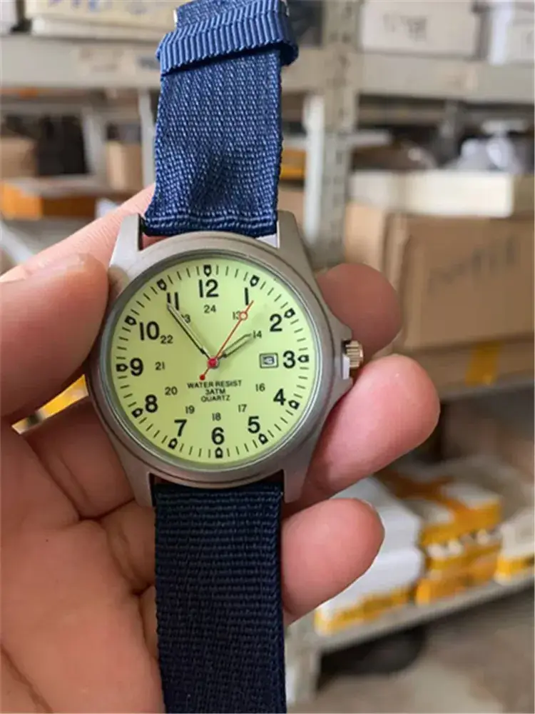 Men's Military Style Quartz Watch with Blue Nylon Strap