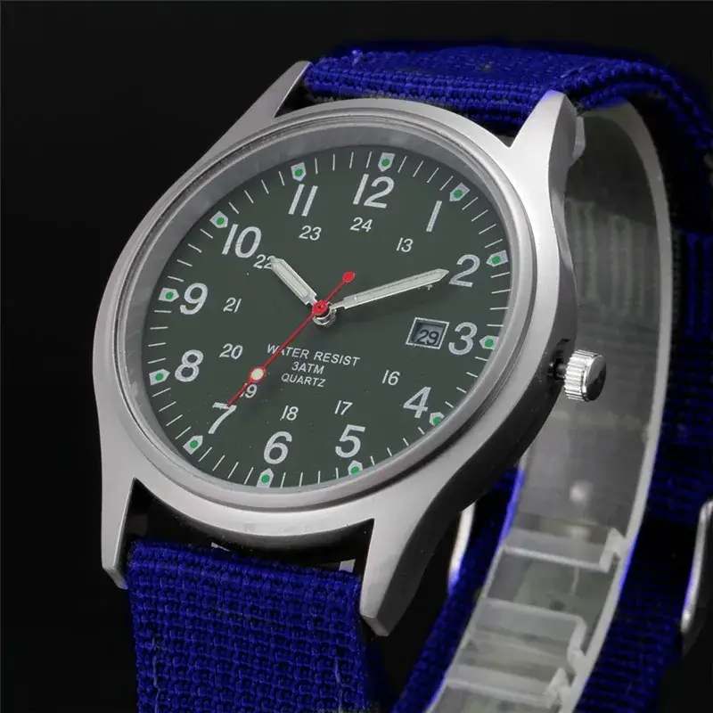 Men's Military Style Quartz Watch with Blue Nylon Strap