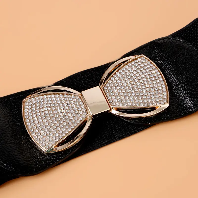 Women's Elastic Belt with Crystal Heart Design Black