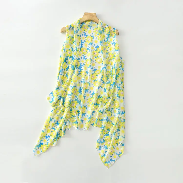 Light Blue Floral Chiffon Vest Sleeveless Cardigan