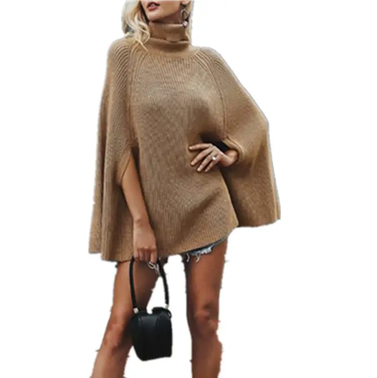 Beige Turtleneck Cape Sweater for Women - Image 9