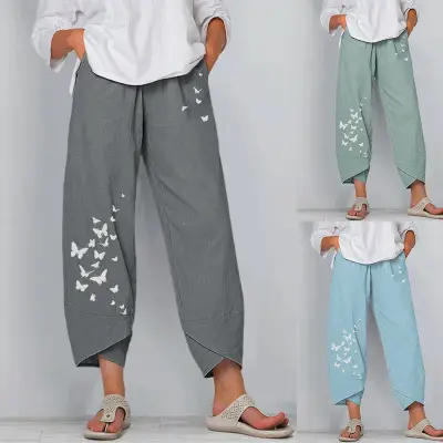 Women Butterfly Printed Wide Leg Pants Grey Cotton Linen - Image 8