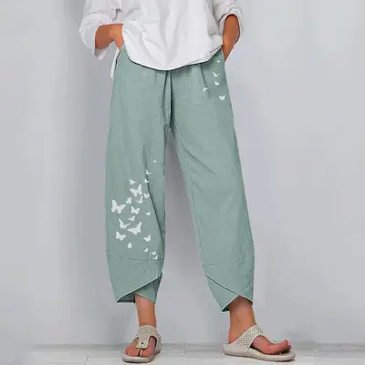 Women Butterfly Printed Wide Leg Pants Grey Cotton Linen - Image 2